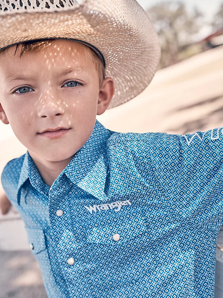 wrangler logo langarm-westernhemd mit druckknöpfen für jungen cerulean