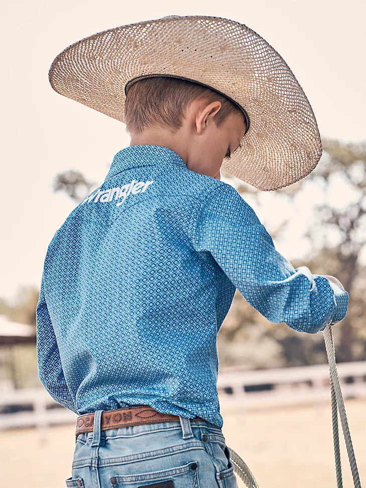 wrangler logo langarm-westernhemd mit druckknöpfen für jungen cerulean