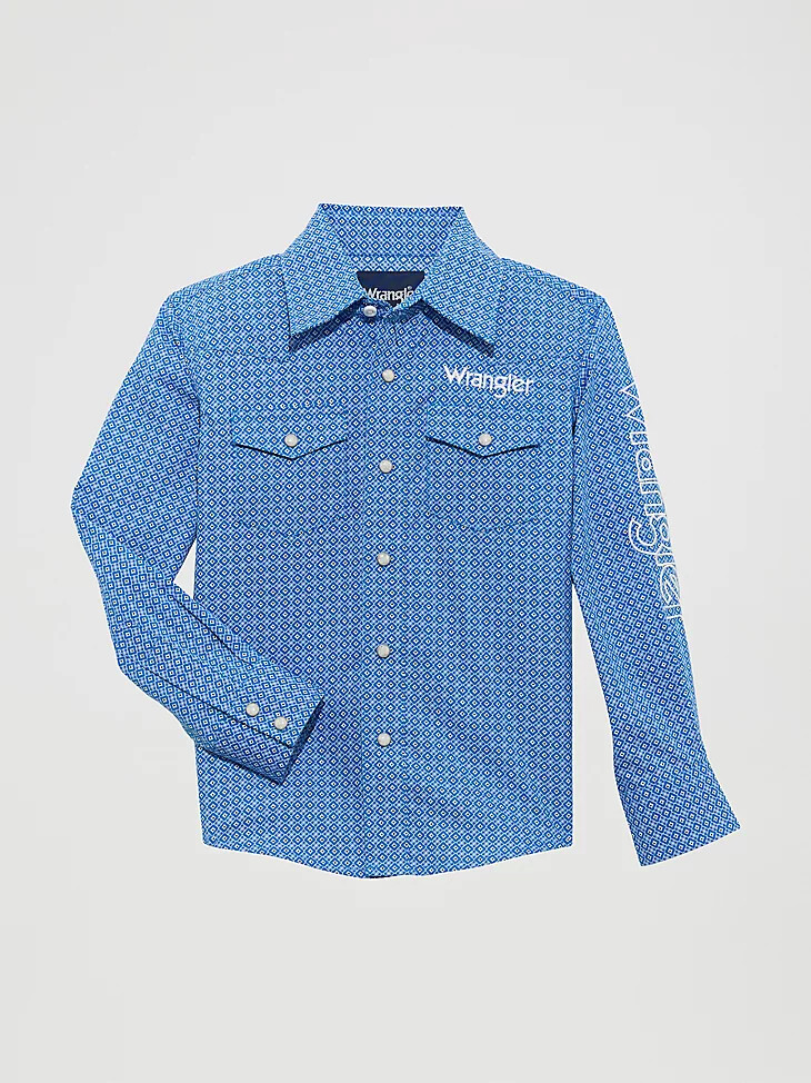 wrangler logo langarm-westernhemd mit druckknöpfen für jungen cerulean