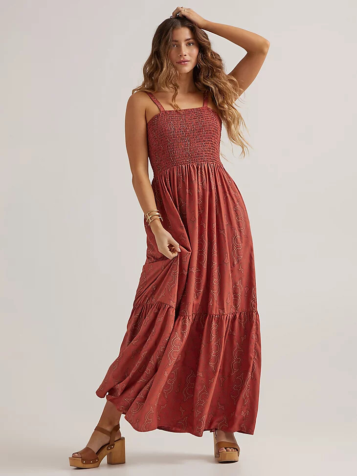 damen maxikleid mit gerafftem oberteil rost