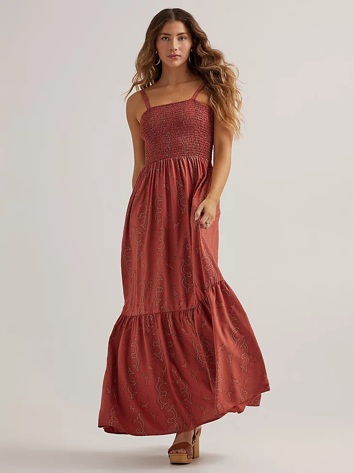 damen maxikleid mit gerafftem oberteil rost