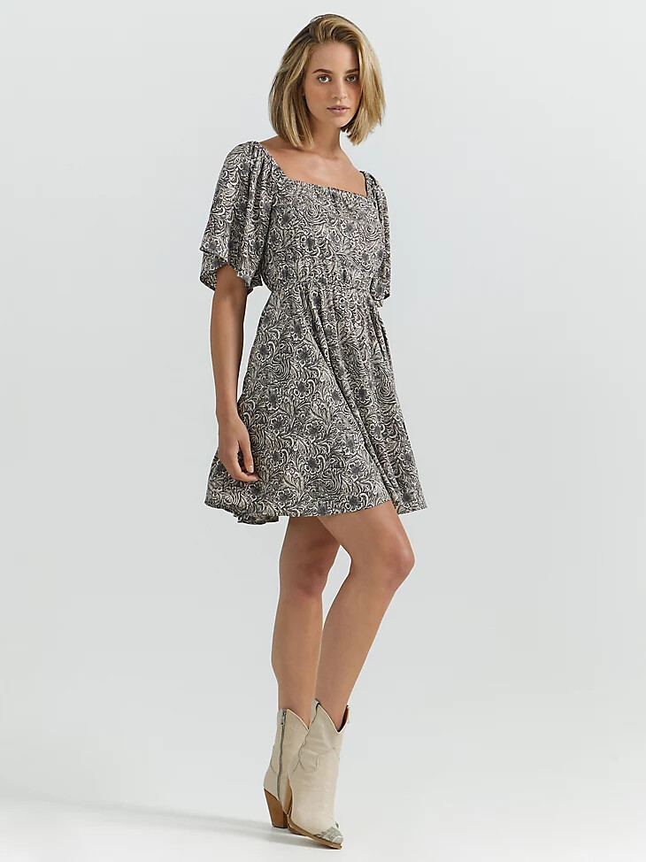 romantisches damenkleid mit volantärmeln grau