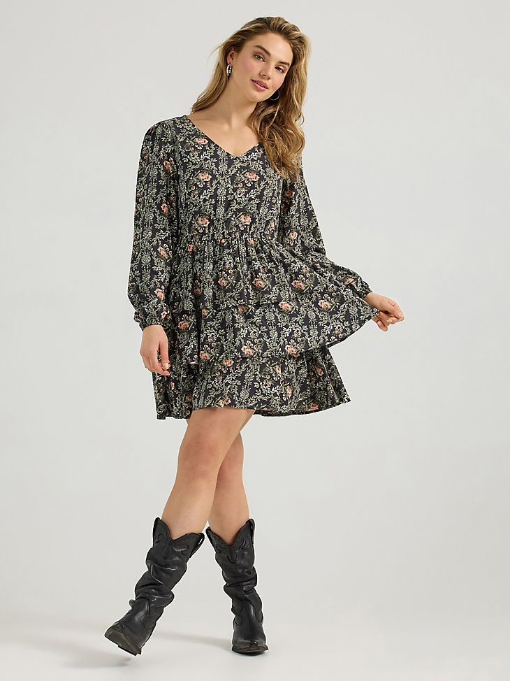 wrangler retro vintage stufenkleid mit langen Ärmeln für damen rosaschwarz