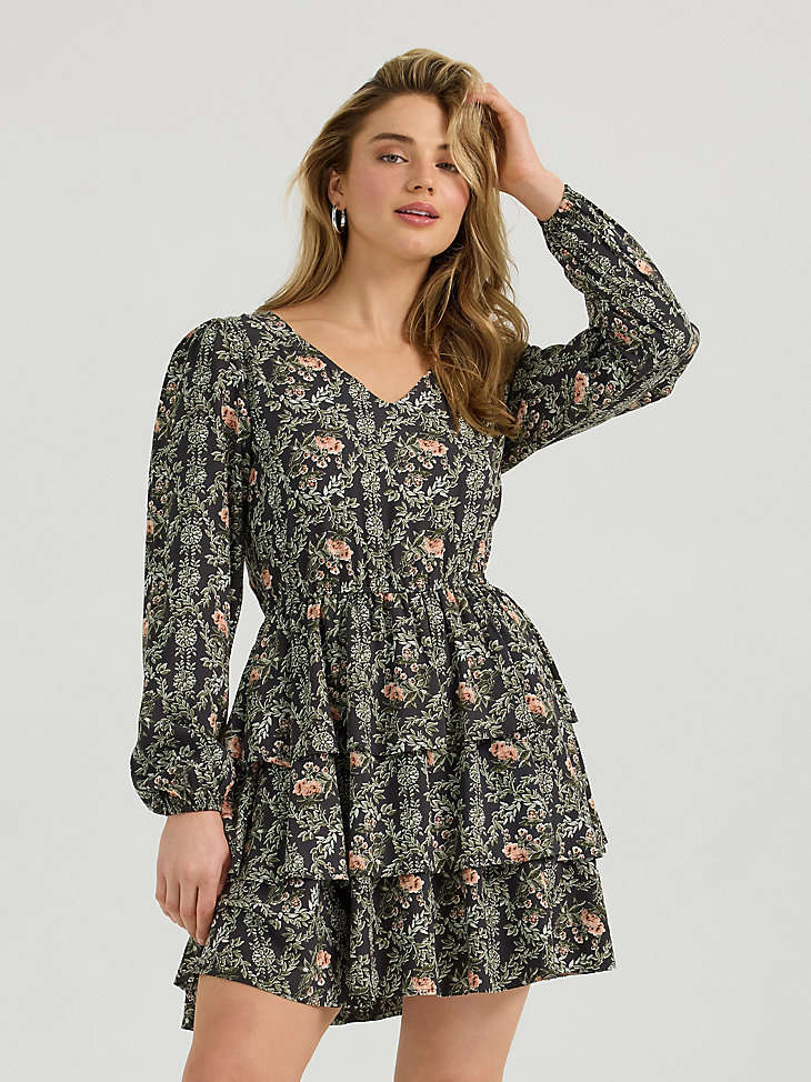 wrangler retro vintage stufenkleid mit langen Ärmeln für damen rosaschwarz