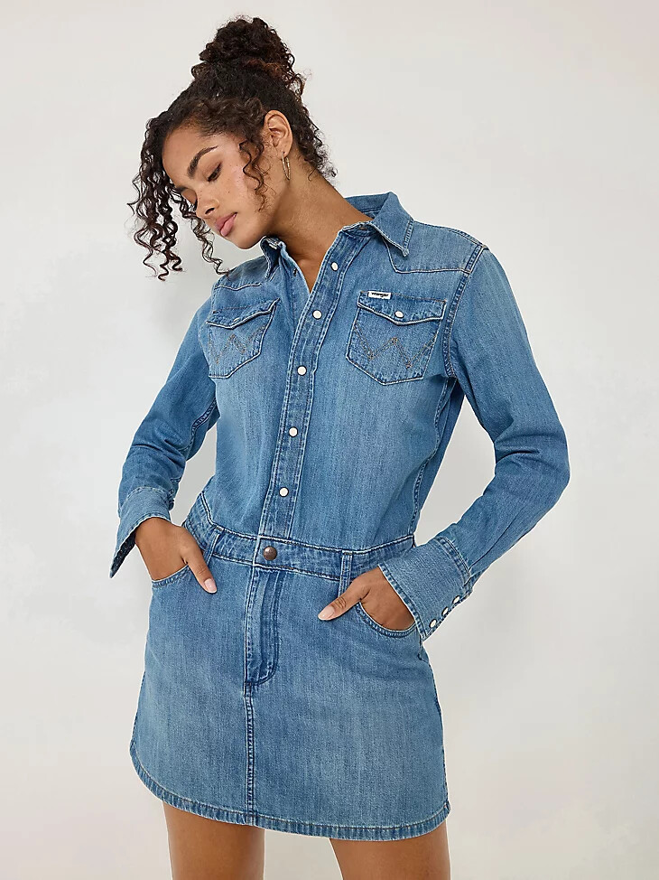 damen-jeanskleid mit langen Ärmeln ultramarin