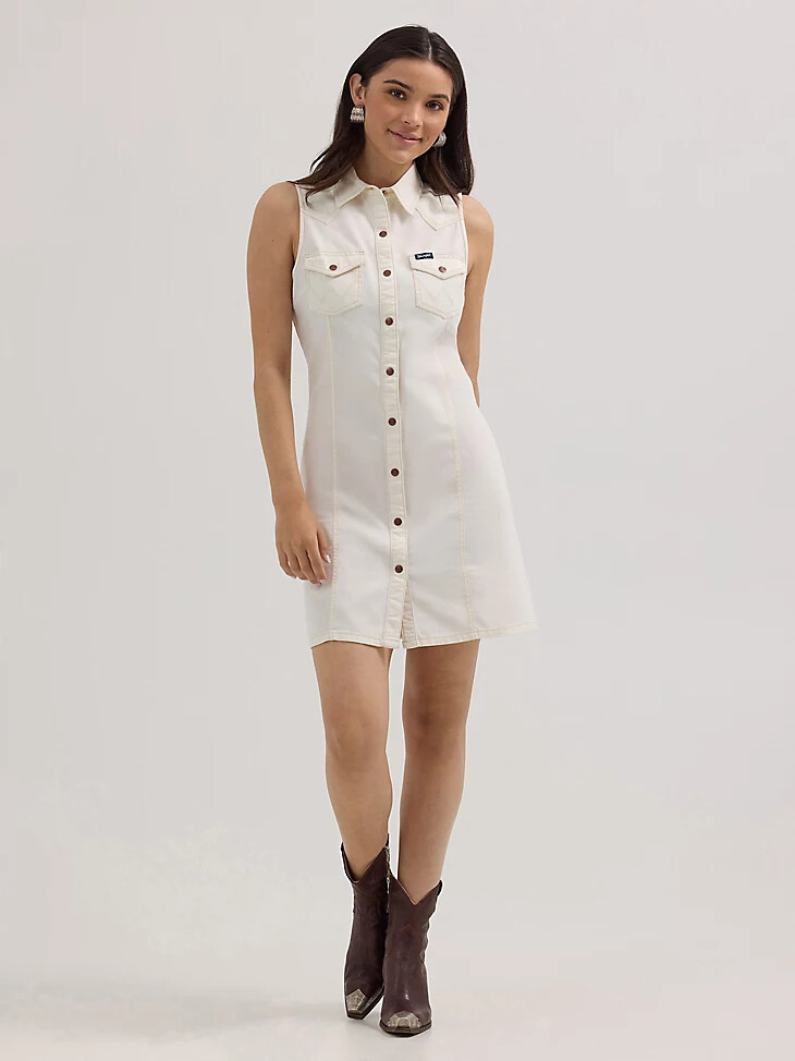 weißes western-shiftkleid mit druckknöpfen für damen