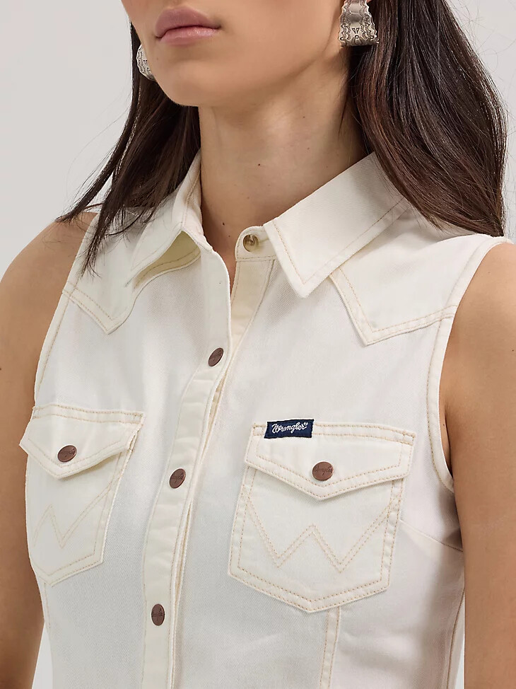 weißes western-shiftkleid mit druckknöpfen für damen