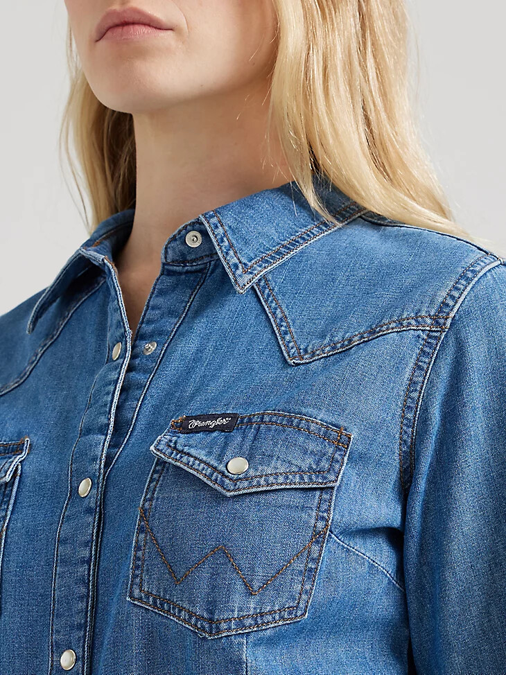 damen langarm western druckknopf jeanskleid mid denim