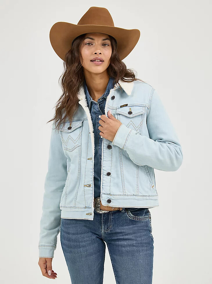 wrangler retro damen-western-jeansjacke mit sherpa-futter gebleichter denim