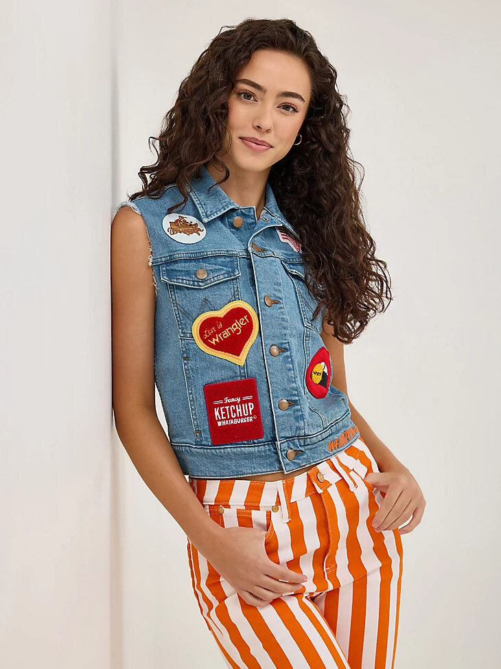 wrangler x whataburger damen-weste mit abgeschnittenen Ärmeln sonnengewaschen