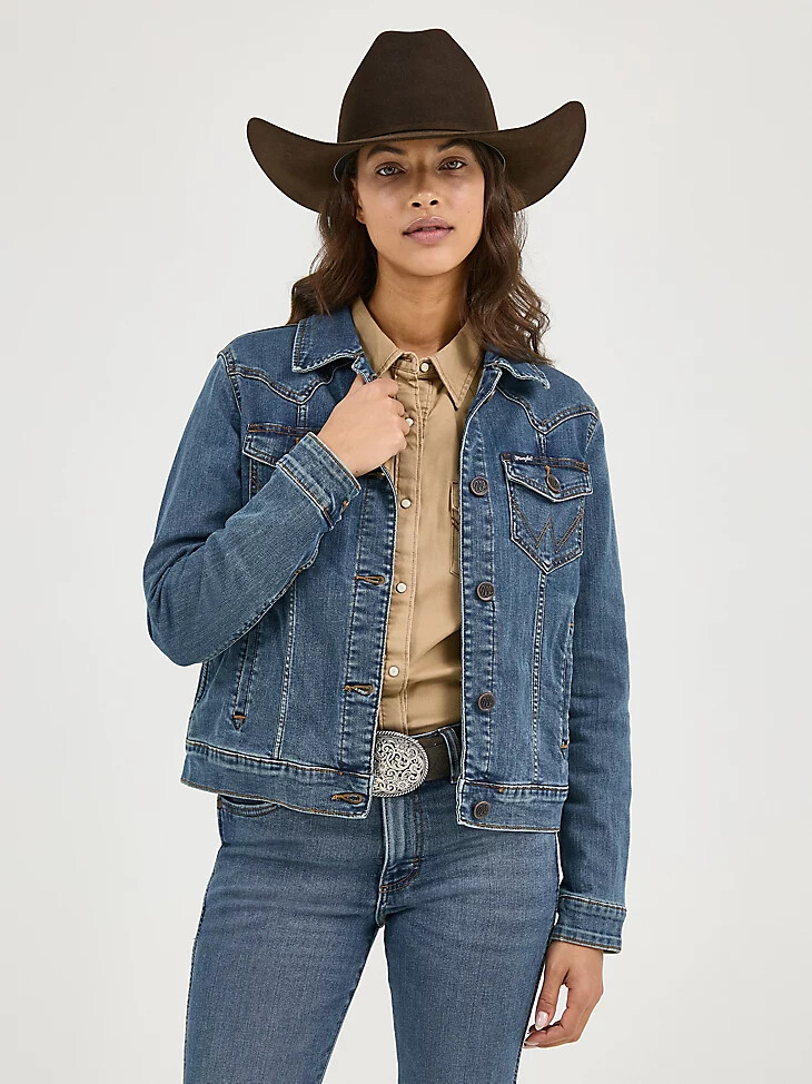 damen-jeansjacke mit langen Ärmeln klassischer passform dunkler denim