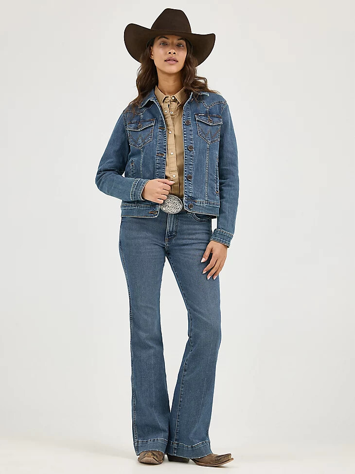damen-jeansjacke mit langen Ärmeln klassischer passform dunkler denim