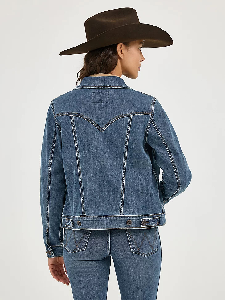 damen-jeansjacke mit langen Ärmeln klassischer passform dunkler denim