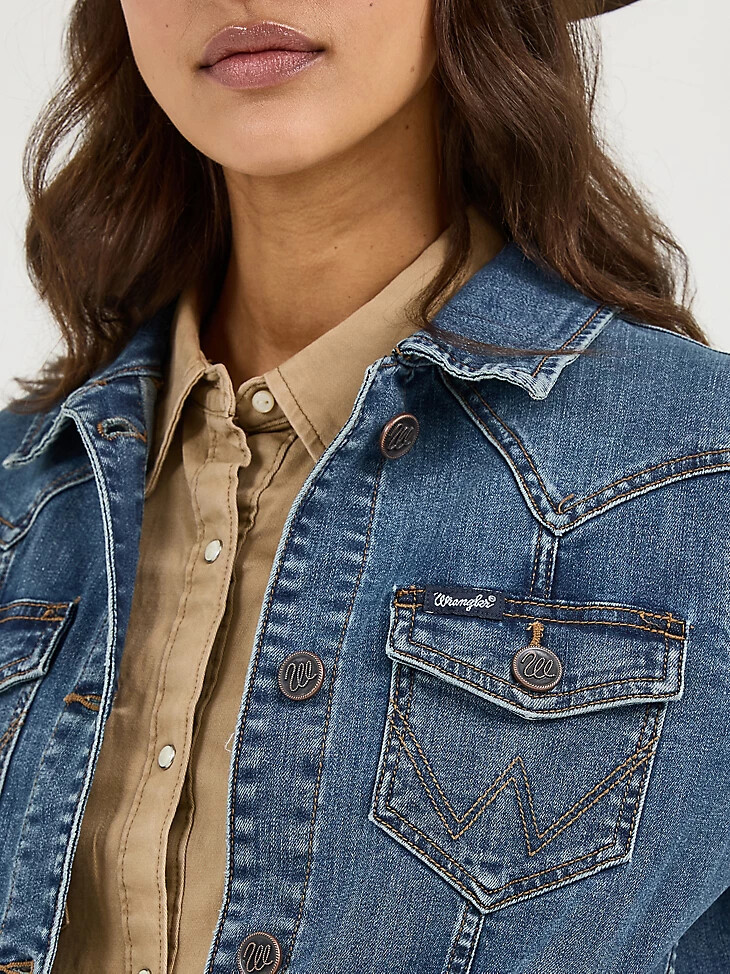 damen-jeansjacke mit langen Ärmeln klassischer passform dunkler denim