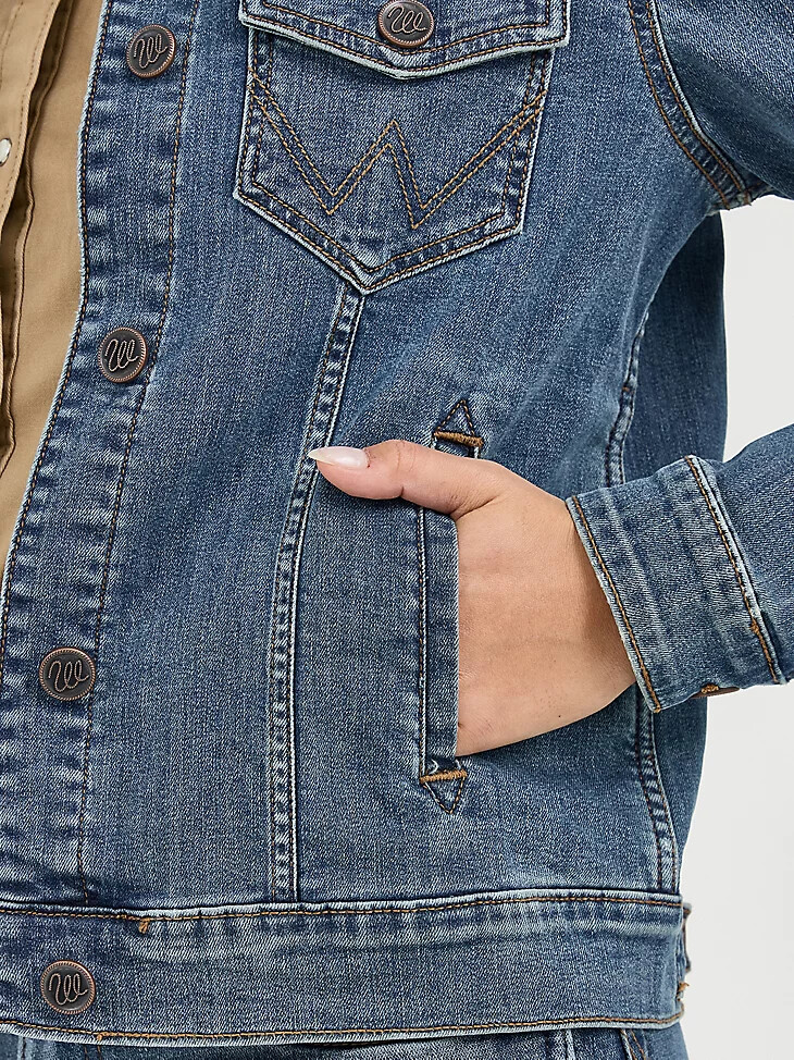 damen-jeansjacke mit langen Ärmeln klassischer passform dunkler denim