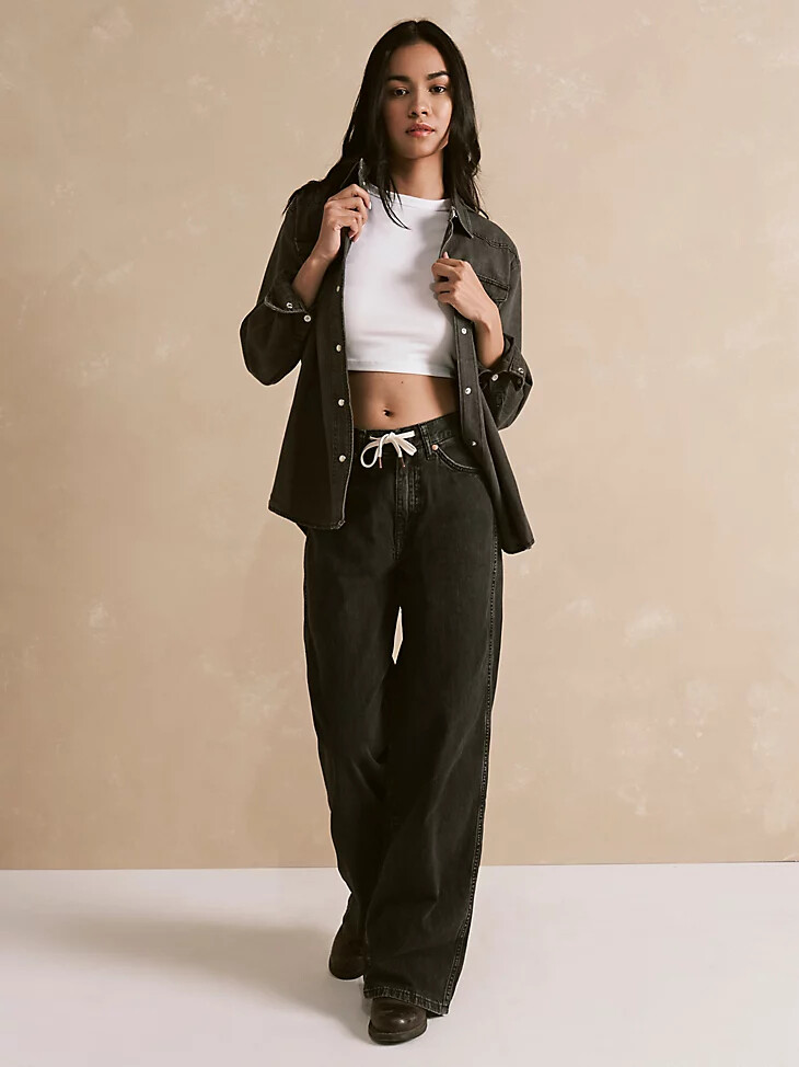 damen-jeans mit bindeband vorne locker geschnitten schwarz