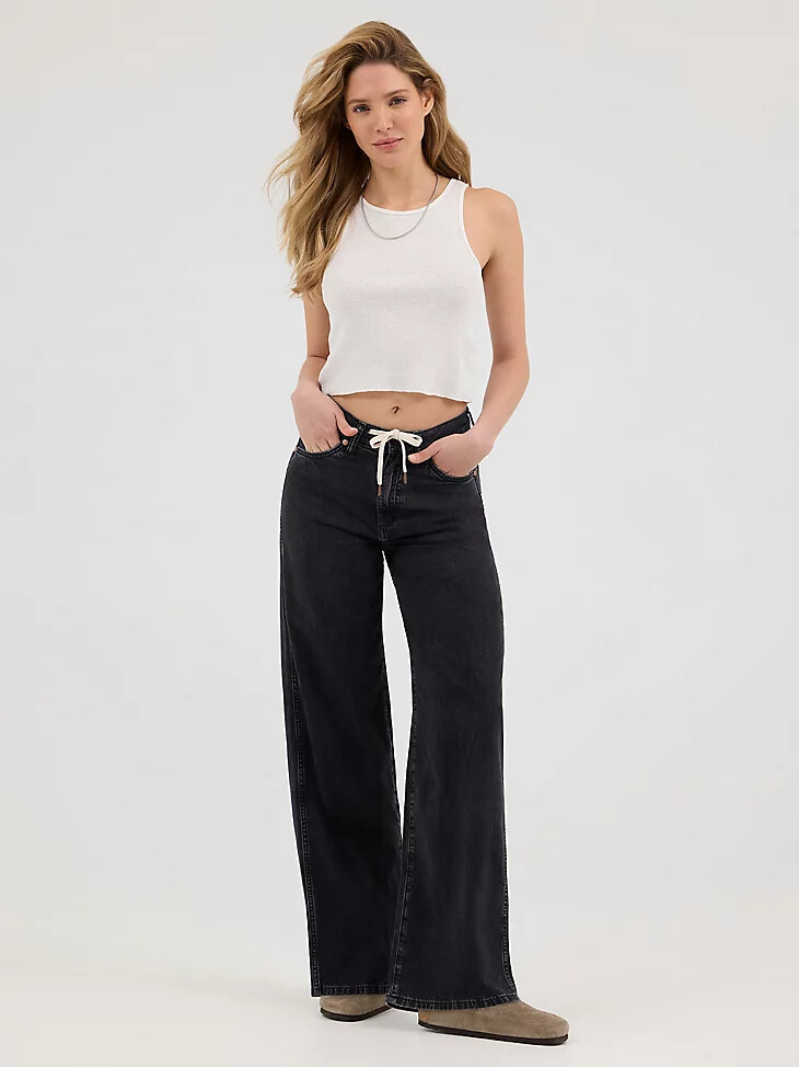 damen-jeans mit bindeband vorne locker geschnitten schwarz