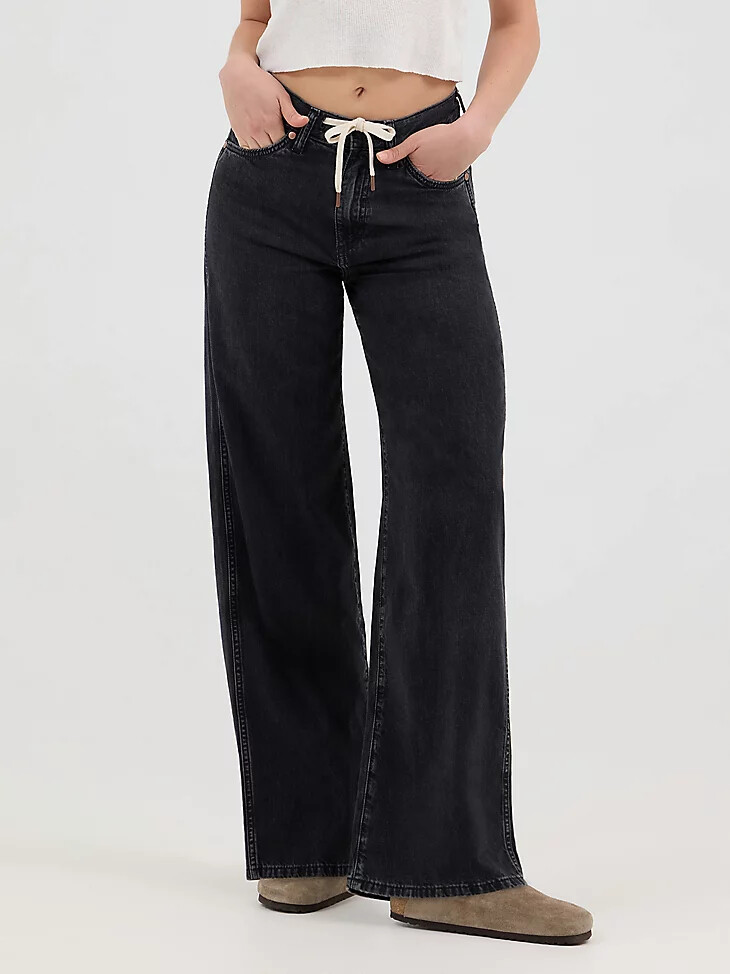 damen-jeans mit bindeband vorne locker geschnitten schwarz