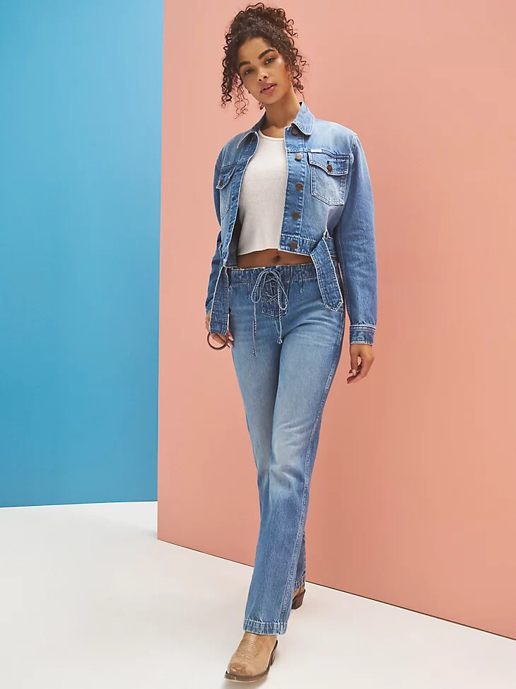 damen-bootcut-jeans mit bindeband vorne blossoming