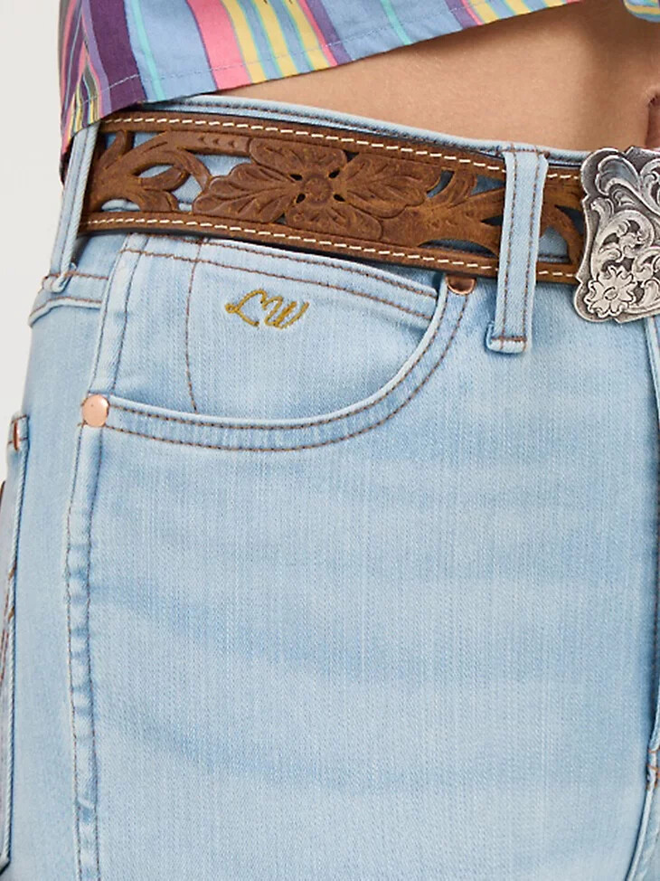wrangler x lainey wilson raw hem boot huggers bleach blue wash