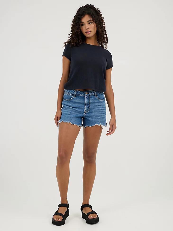 damen-denim-shorts mit mittelhohem bund carolina-blau