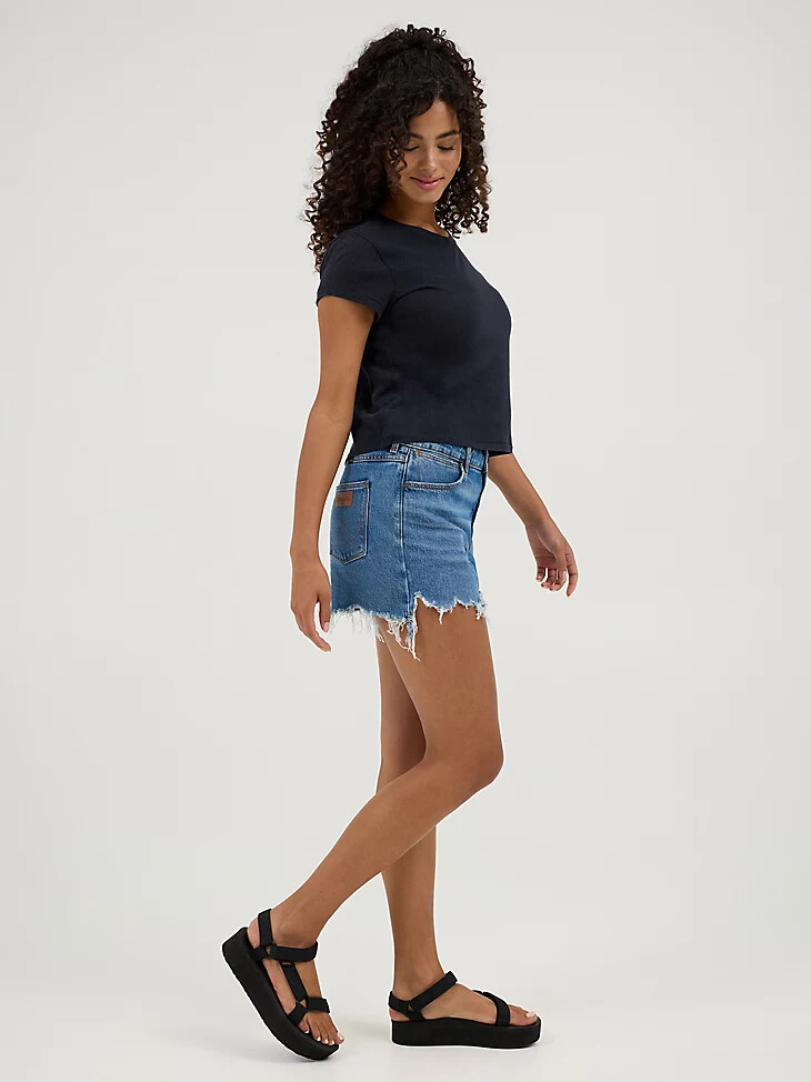 damen-denim-shorts mit mittelhohem bund carolina-blau