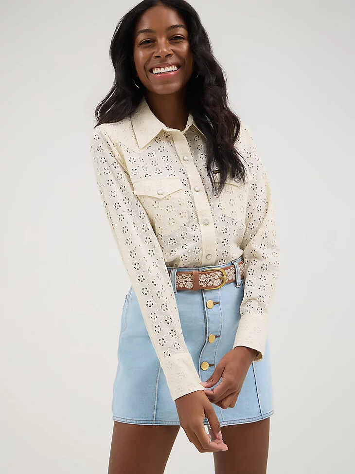 wrangler x yellow rose by kendra scott pearl snap shirt cloud dancer