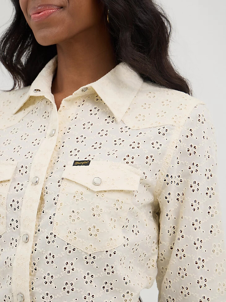 wrangler x yellow rose by kendra scott pearl snap shirt cloud dancer
