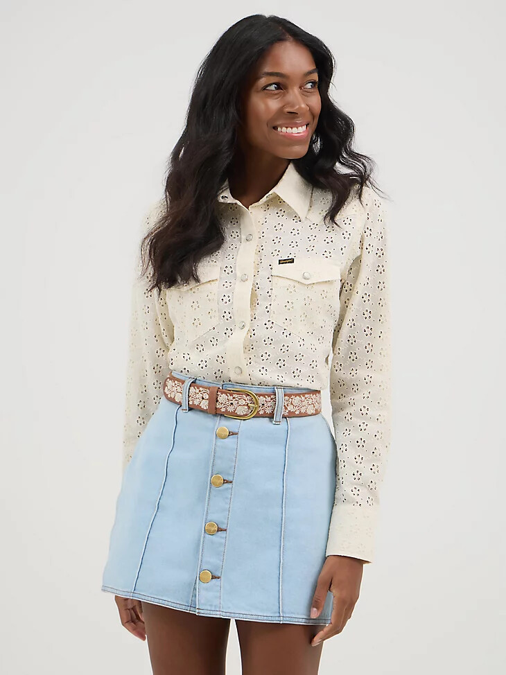wrangler x yellow rose by kendra scott pearl snap shirt cloud dancer
