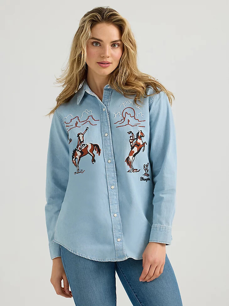 damen-boyfriend-jeanshemd mit stickerei western-stil und druckknöpfen denimblau