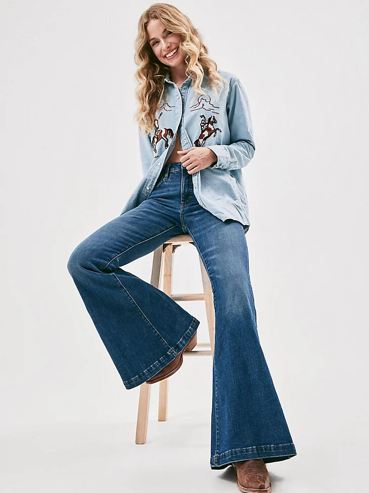 damen-boyfriend-jeanshemd mit stickerei western-stil und druckknöpfen denimblau