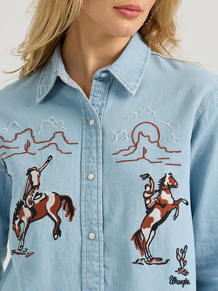damen-boyfriend-jeanshemd mit stickerei western-stil und druckknöpfen denimblau