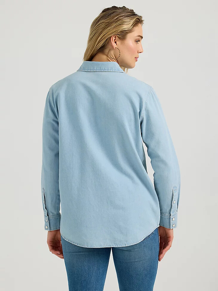 damen-boyfriend-jeanshemd mit stickerei western-stil und druckknöpfen denimblau