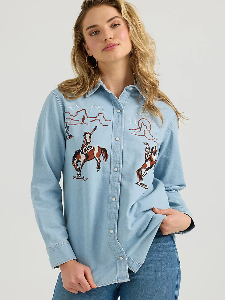 damen-boyfriend-jeanshemd mit stickerei western-stil und druckknöpfen denimblau