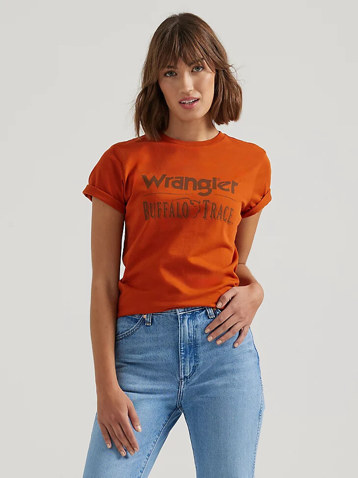 wrangler x buffalo trace damen-logo-t-shirt distillers red