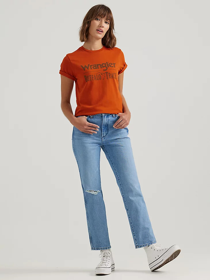 wrangler x buffalo trace damen-logo-t-shirt distillers red