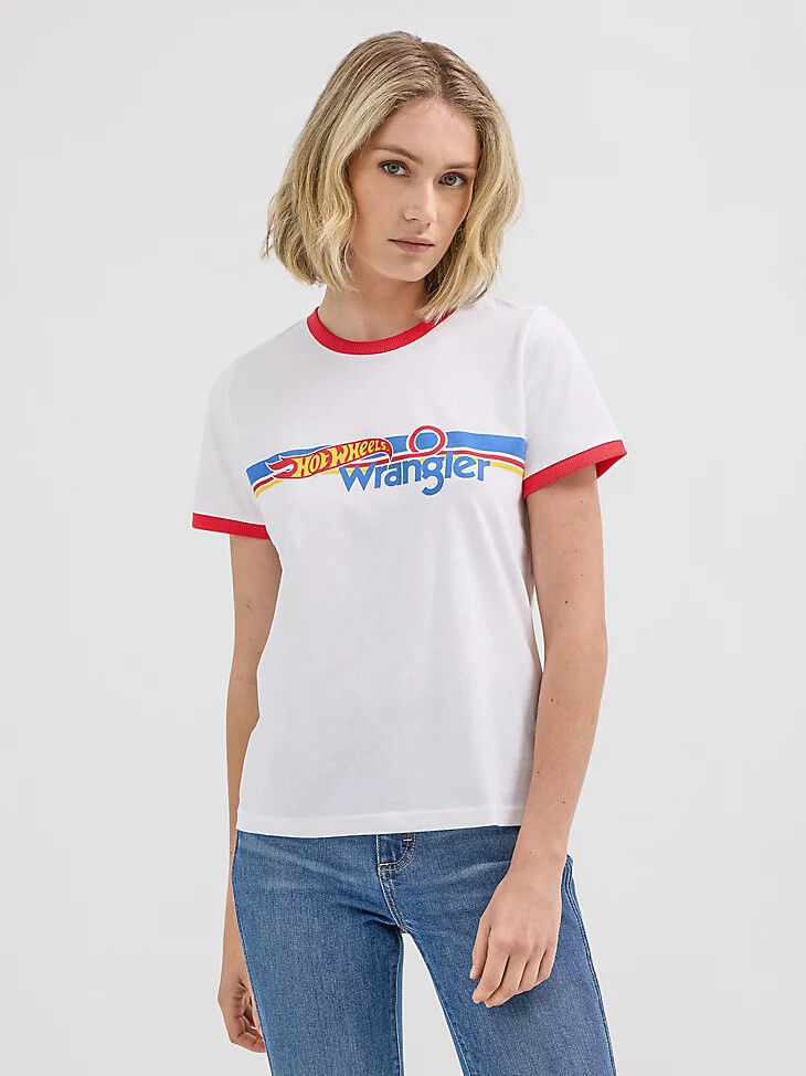wrangler x hot wheels damen-logo-ringer-t-shirt strahlend weiß