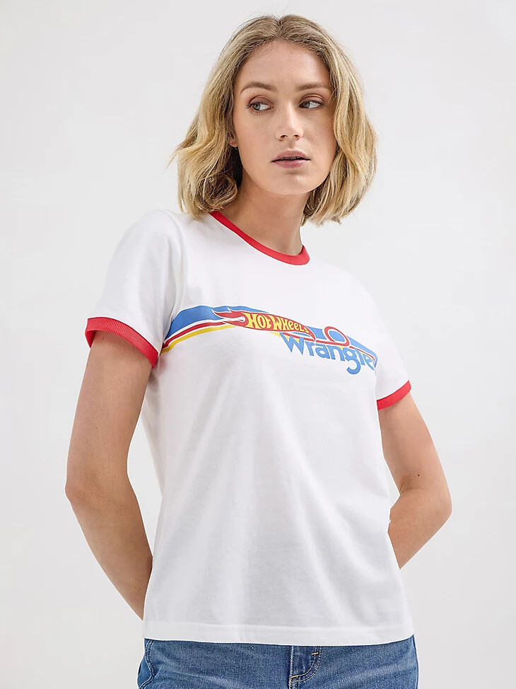 wrangler x hot wheels damen-logo-ringer-t-shirt strahlend weiß