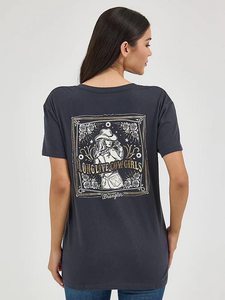 wrangler western boyfriend-t-shirt für damen mit rückengrafik phantom