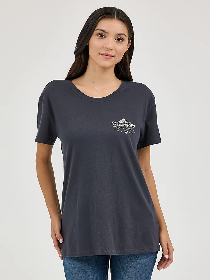 wrangler western boyfriend-t-shirt für damen mit rückengrafik phantom