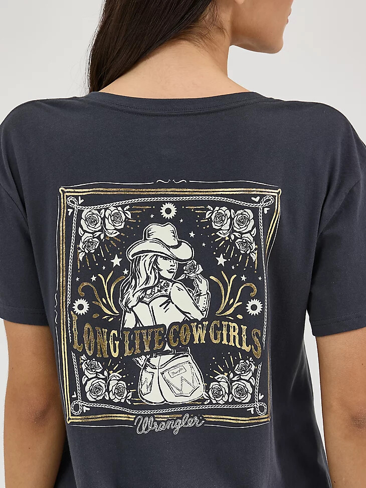 wrangler western boyfriend-t-shirt für damen mit rückengrafik phantom