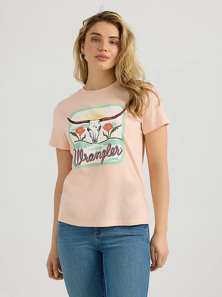 wrangler southwestern graphic damen-t-shirt mit normaler passform farbe peach parfait
