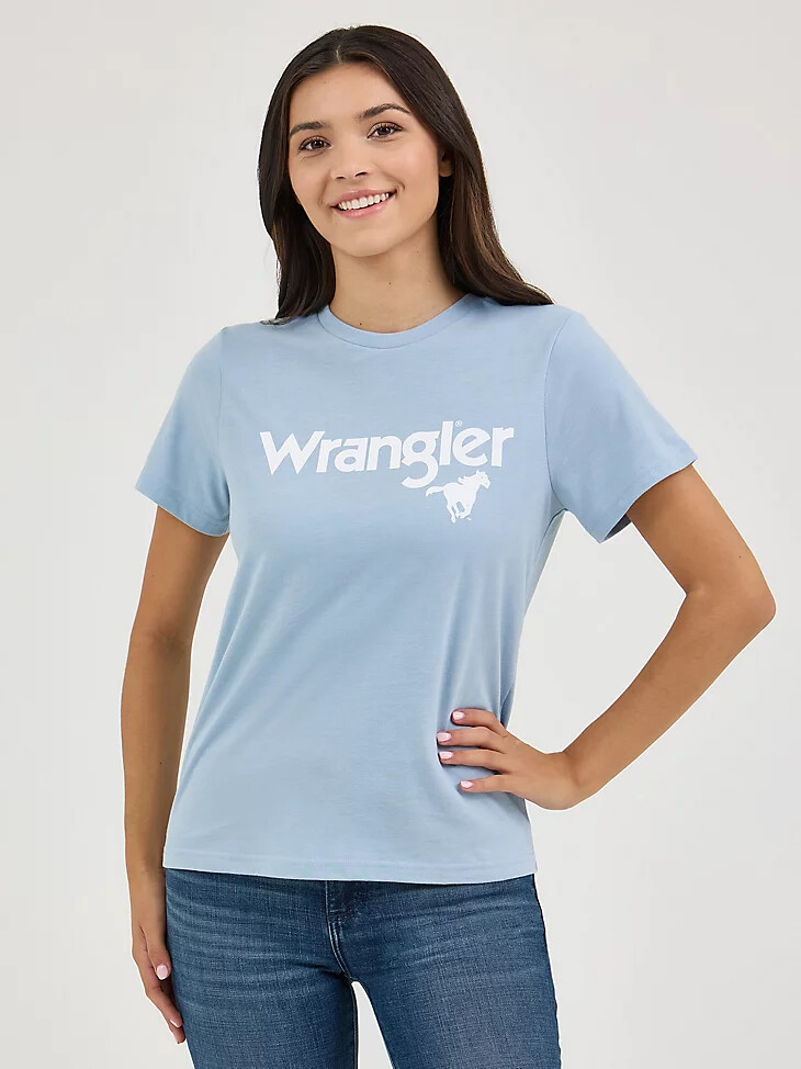 damen wrangler kabel logo regular fit t-shirt dusty blue