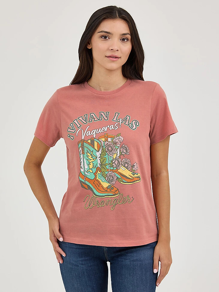 damen wrangler vivan las vaqueras t-shirt cameo brown