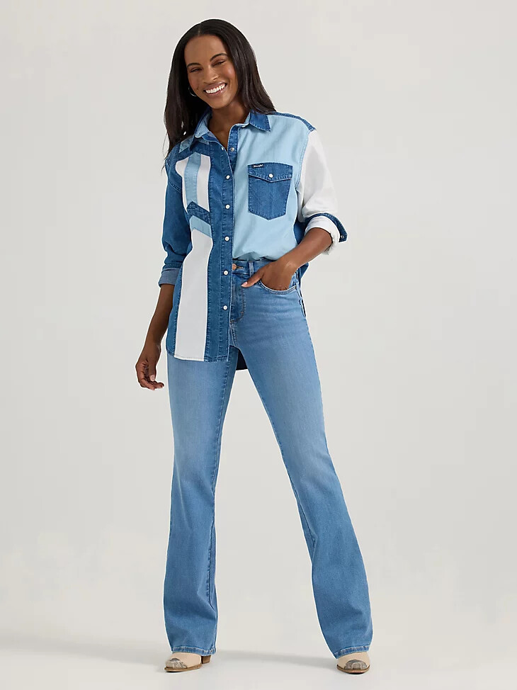 wrangler damen-jeanshemd im boyfriend-stil mit western-druckknöpfen blau