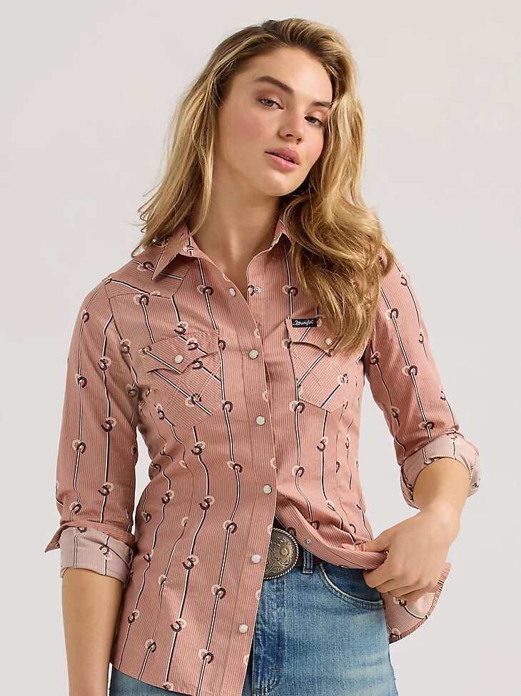 wrangler retro damen-westernhemd mit streifen schmal geschnitten mit druckknöpfen farbe altrosa