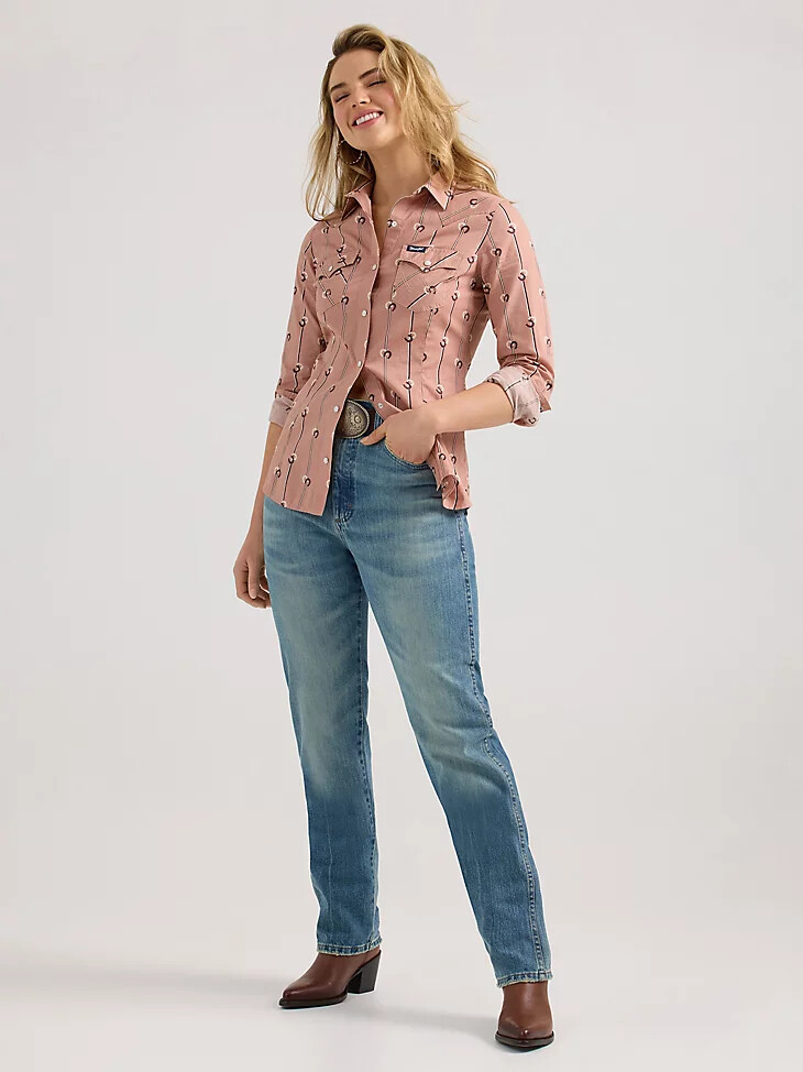 wrangler retro damen-westernhemd mit streifen schmal geschnitten mit druckknöpfen farbe altrosa