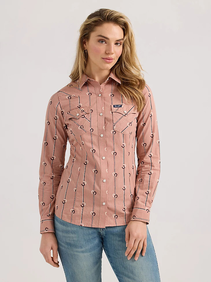 wrangler retro damen-westernhemd mit streifen schmal geschnitten mit druckknöpfen farbe altrosa