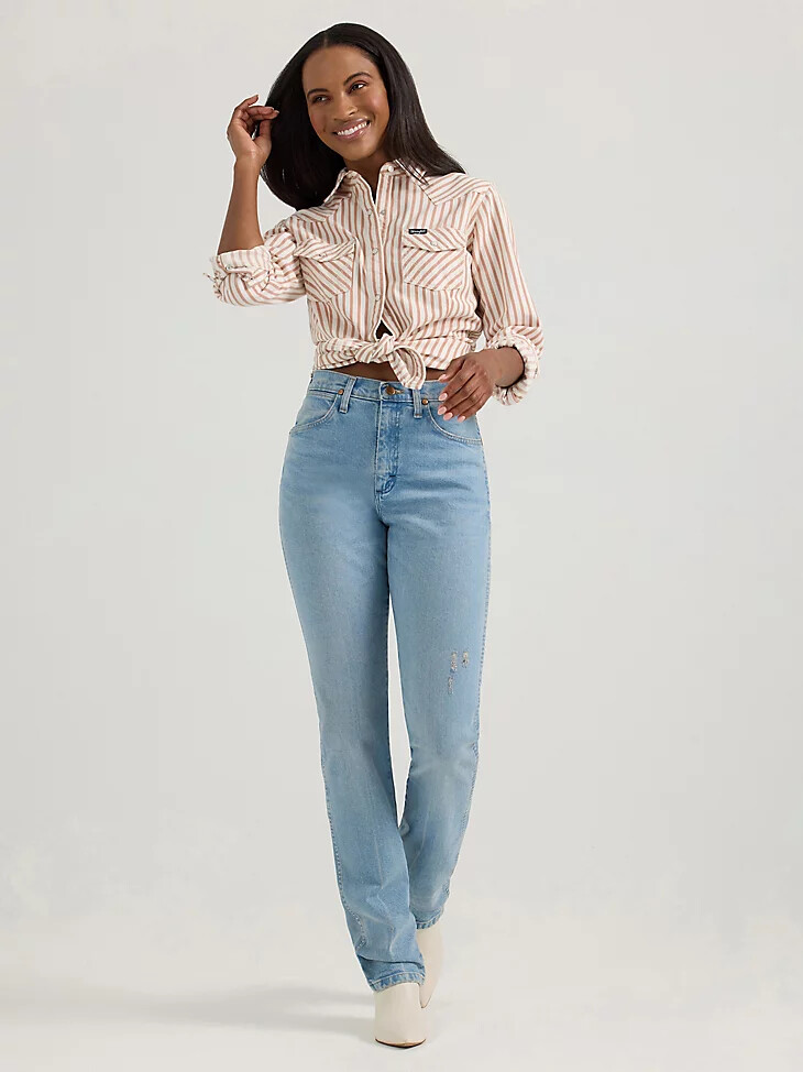 wrangler damen-westernhemd mit pferdeaugen-motiv schmal geschnitten mit druckknöpfen hellbraun