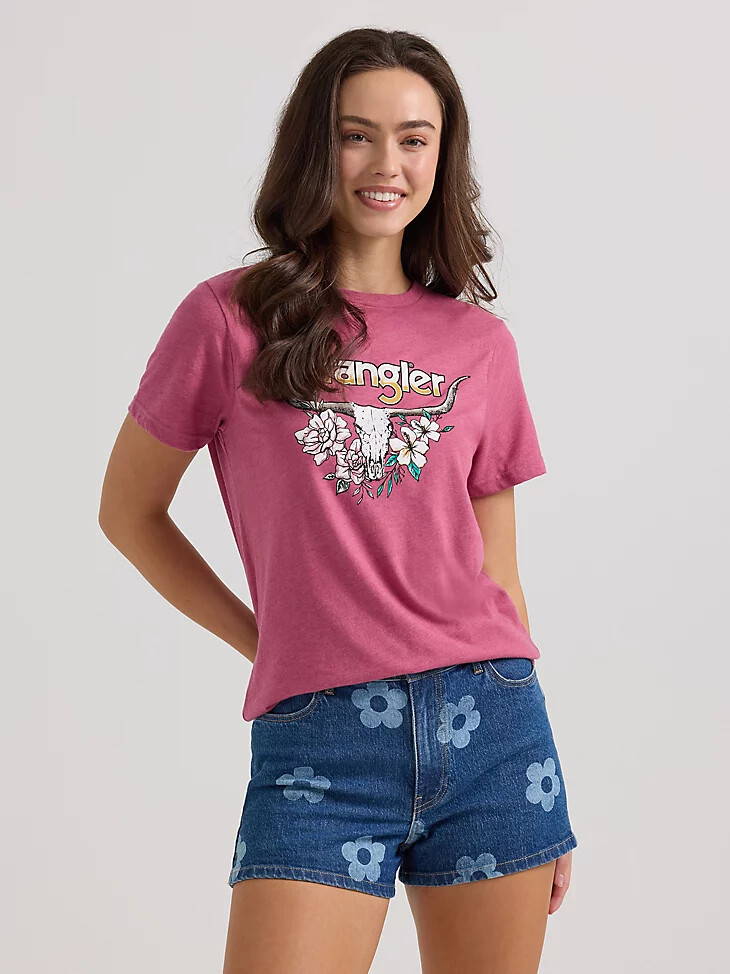 damen-t-shirt mit rinder- und blumenmuster malaga heather